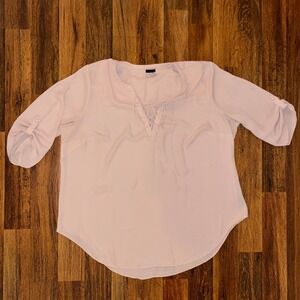 Worthington Woman Pink Lace Up V-Neck Roll Tab Sleeve Blouse Plus Size